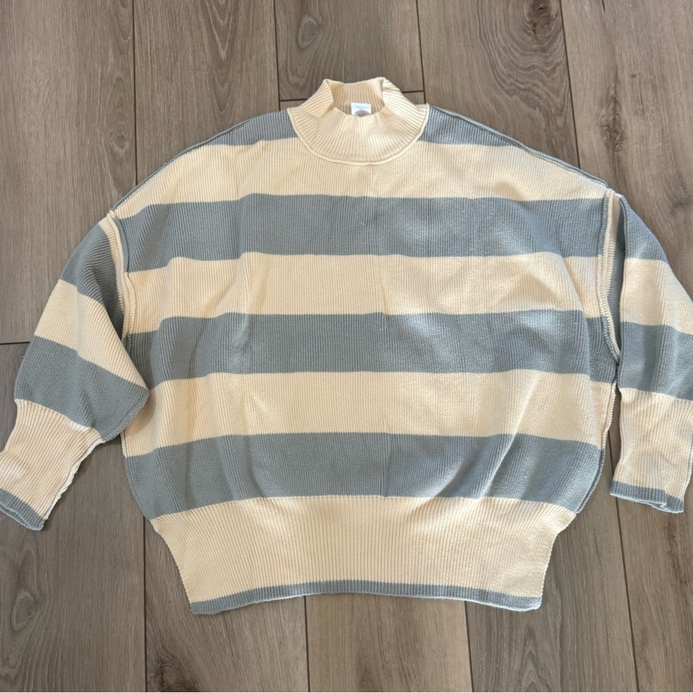 Altar'd State Cream and Gray Striped Turtleneck Sweater